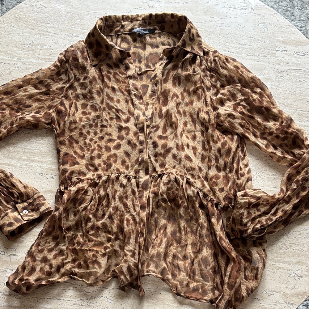 Anthropologie Blue Tassel Brand Brown Leopard Button Down Shirt